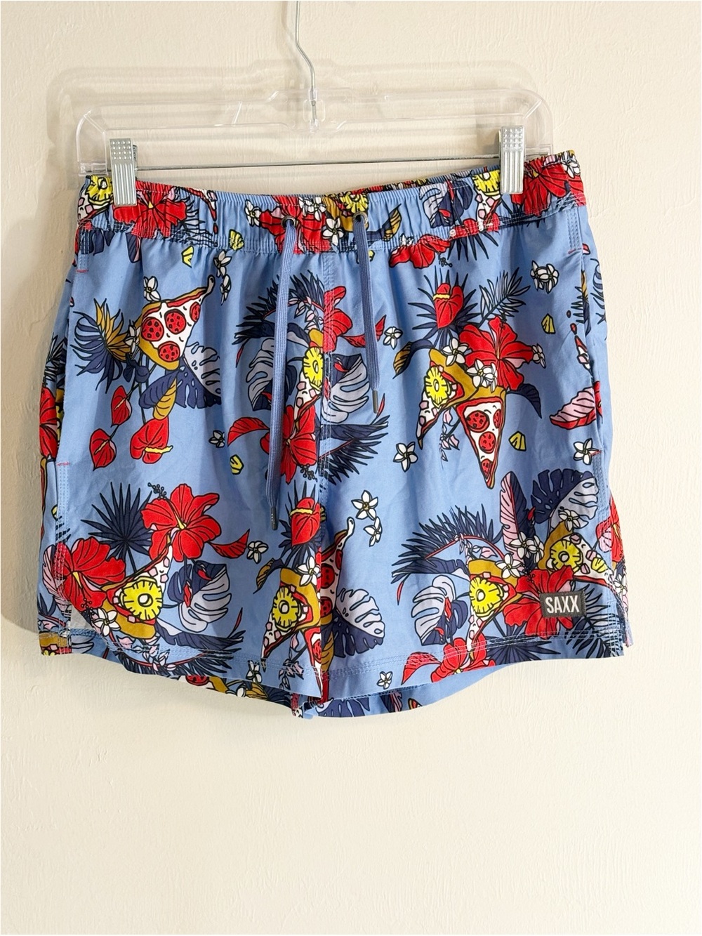 SAXX Men’s Blue Floral Pineapple Pizza OH BUOY 2N1 Ballpark Pouch Swim Shorts M